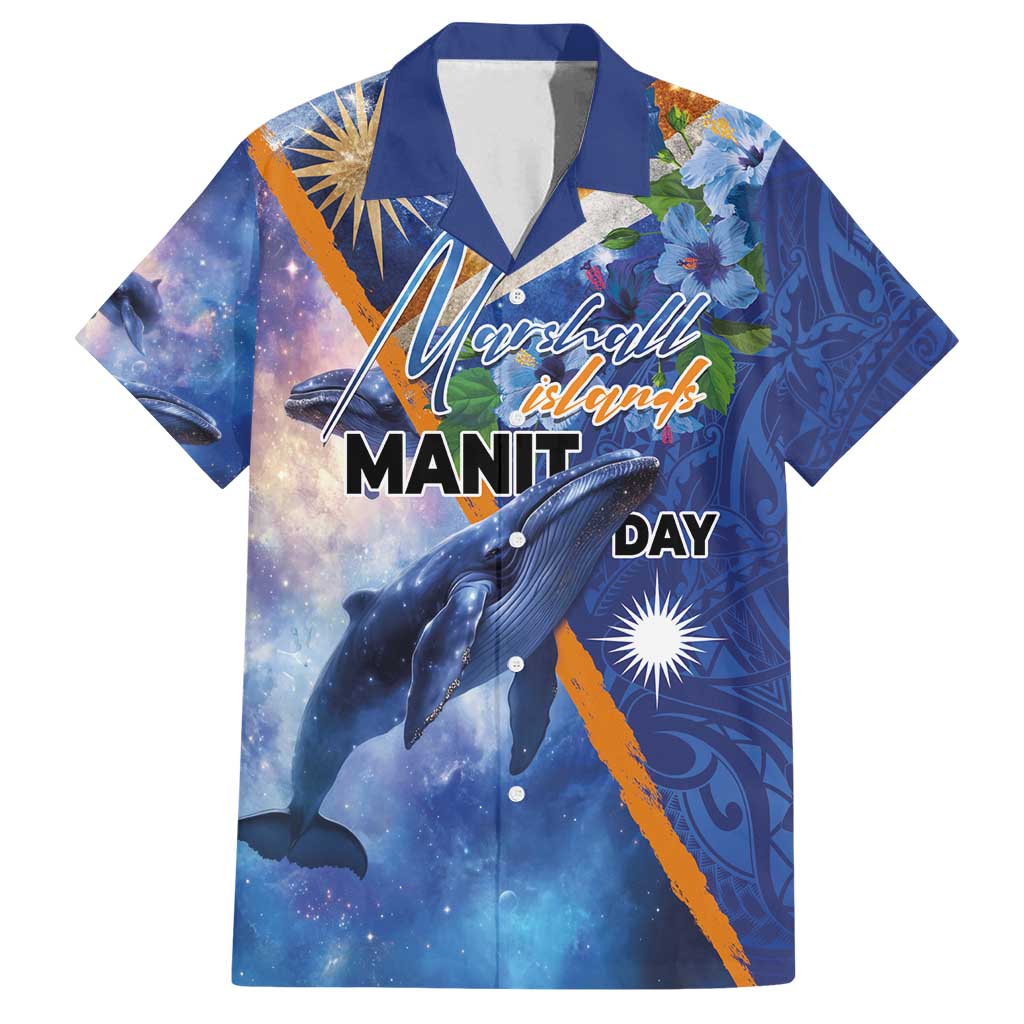 Marshall Islands Manit Day Family Matching Puletasi and Hawaiian Shirt Grunge National Flag with Whales and Tribal Tattoos LT03 Dad's Shirt - Short Sleeve Blue - Polynesian Pride