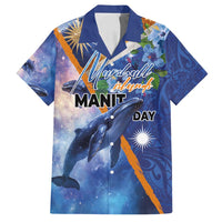 Marshall Islands Manit Day Family Matching Puletasi and Hawaiian Shirt Grunge National Flag with Whales and Tribal Tattoos LT03 Dad's Shirt - Short Sleeve Blue - Polynesian Pride