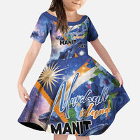 Marshall Islands Manit Day Family Matching Summer Maxi Dress and Hawaiian Shirt Grunge National Flag with Whales and Tribal Tattoos LT03 Daughter's Dress Blue - Polynesian Pride