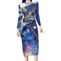 Marshall Islands Manit Day Long Sleeve Bodycon Dress Grunge National Flag with Whales and Tribal Tattoos LT03 Long Dress Blue - Polynesian Pride