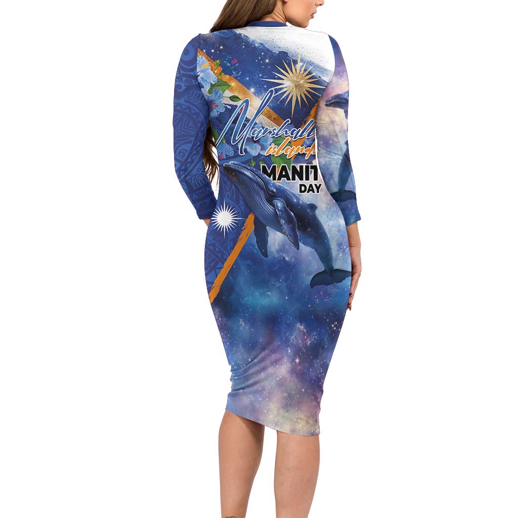 Marshall Islands Manit Day Long Sleeve Bodycon Dress Grunge National Flag with Whales and Tribal Tattoos LT03 - Polynesian Pride