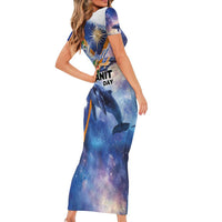 Marshall Islands Manit Day Short Sleeve Bodycon Dress Grunge National Flag with Whales and Tribal Tattoos LT03 - Polynesian Pride