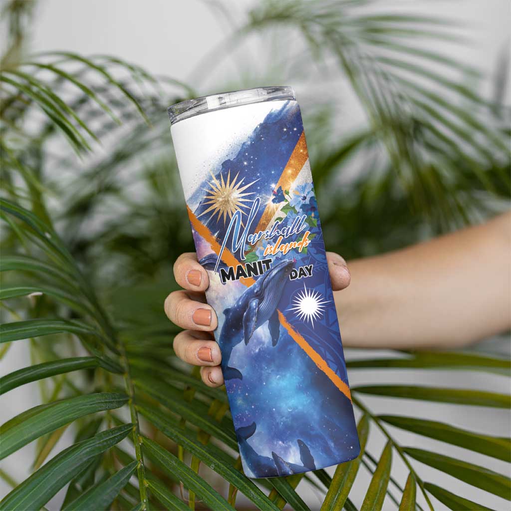 Marshall Islands Manit Day Skinny Tumbler Grunge National Flag with Whales and Tribal Tattoos LT03 - Polynesian Pride