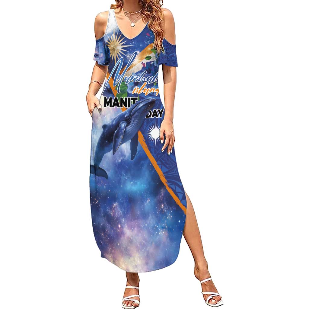 Marshall Islands Manit Day Summer Maxi Dress Grunge National Flag with Whales and Tribal Tattoos - Polynesian Pride