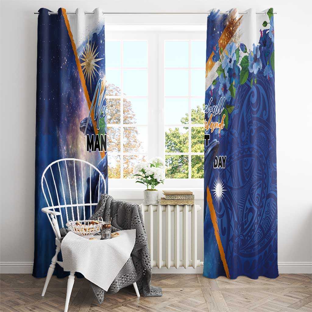 Marshall Islands Manit Day Window Curtain Grunge National Flag with Whales and Tribal Tattoos - Polynesian Pride