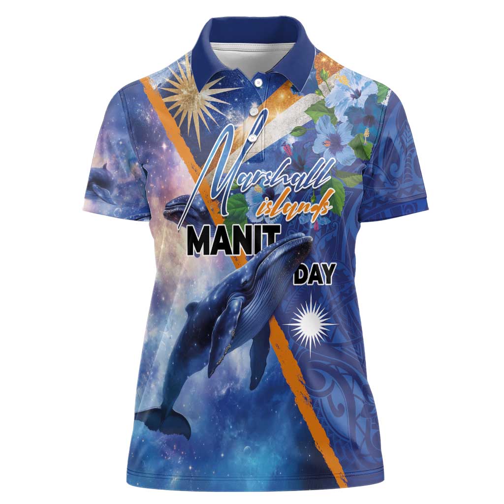 Marshall Islands Manit Day Women Polo Shirt Grunge National Flag with Whales and Tribal Tattoos LT03 Female Blue - Polynesian Pride