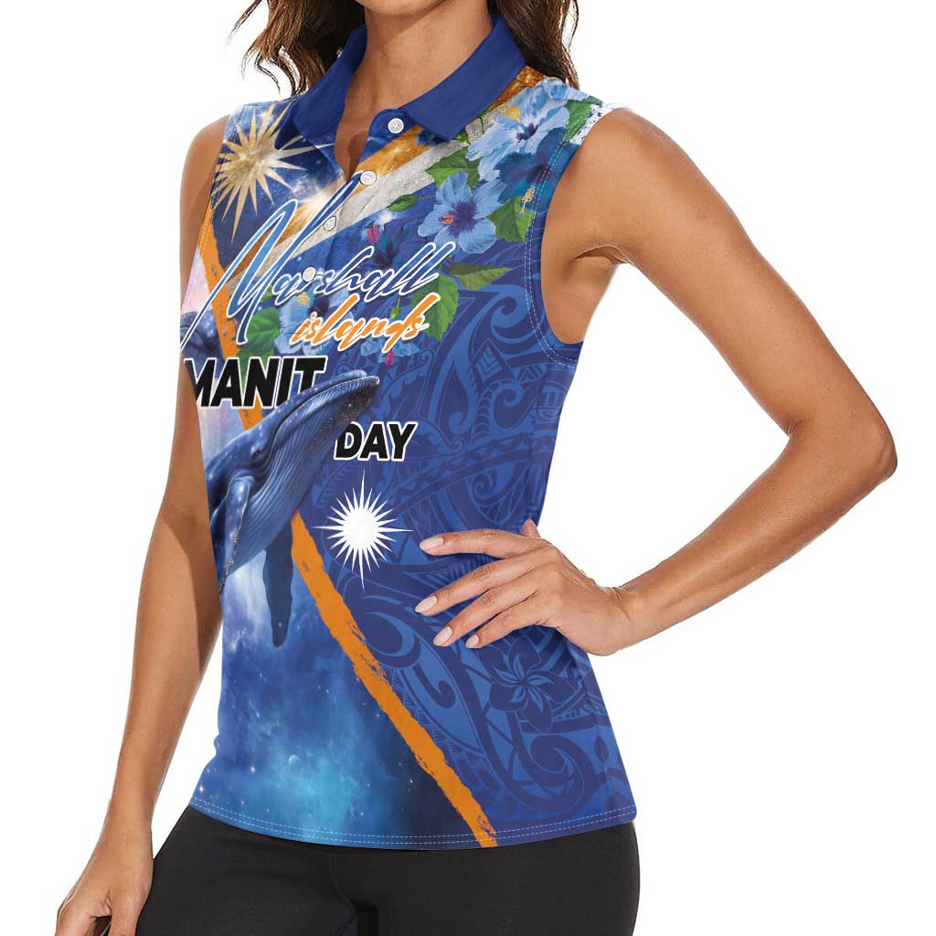 Marshall Islands Manit Day Women Sleeveless Polo Shirt Grunge National Flag with Whales and Tribal Tattoos LT03 - Polynesian Pride