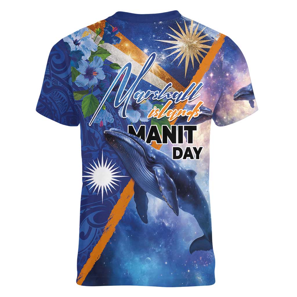 Marshall Islands Manit Day Women V-Neck T-Shirt Grunge National Flag with Whales and Tribal Tattoos LT03 - Polynesian Pride