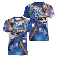 Marshall Islands Manit Day Women V-Neck T-Shirt Grunge National Flag with Whales and Tribal Tattoos LT03 - Polynesian Pride