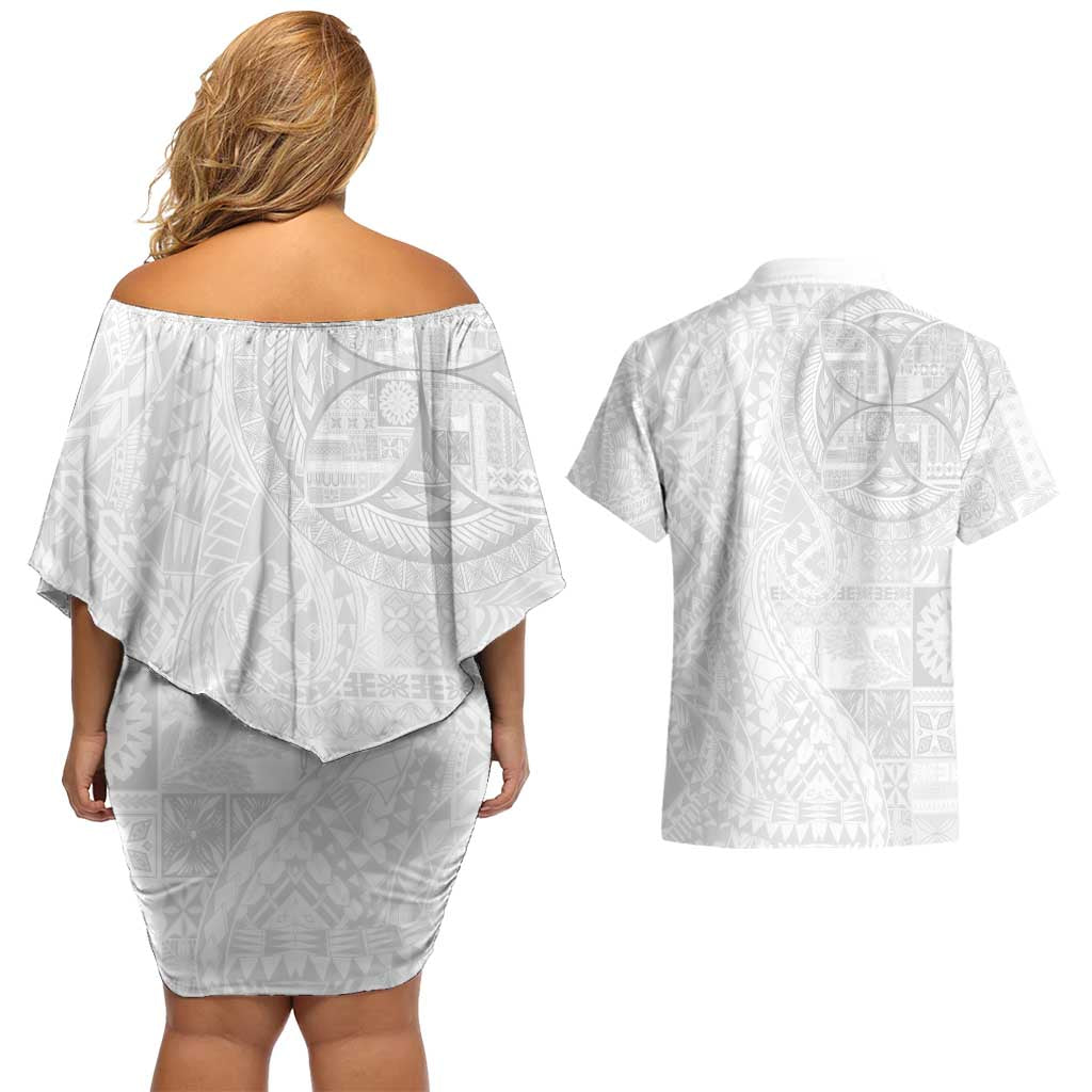 Samoan Culture-Lotu Tamaiti Couples Matching Off Shoulder Short Dress and Hawaiian Shirt Siapo and Polynesian Art Tattoos - Polynesian Pride