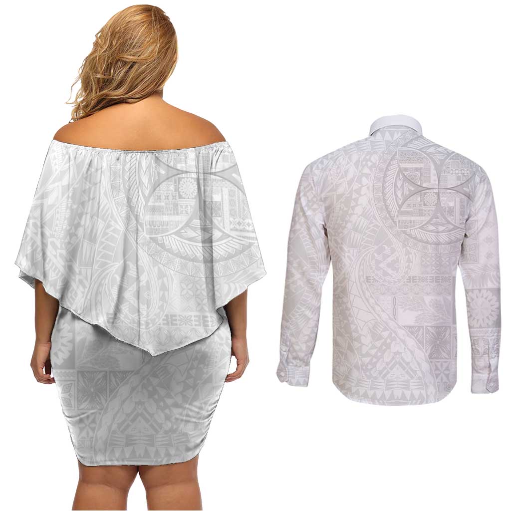 Samoan Culture-Lotu Tamaiti Couples Matching Off Shoulder Short Dress and Long Sleeve Button Shirt Siapo and Polynesian Art Tattoos - Polynesian Pride
