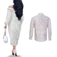 Samoan Culture-Lotu Tamaiti Couples Matching Off The Shoulder Long Sleeve Dress and Long Sleeve Button Shirt Siapo and Polynesian Art Tattoos - Polynesian Pride
