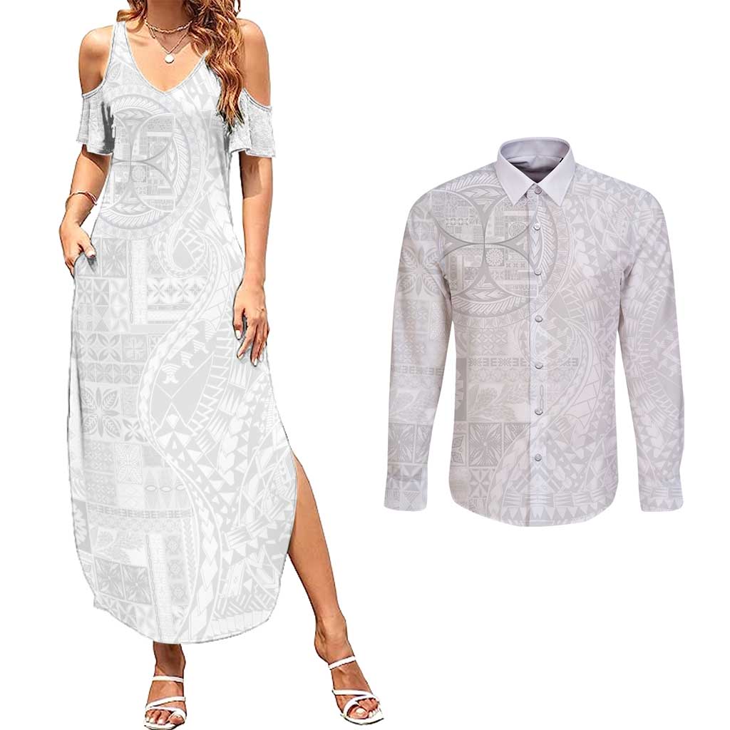Samoan Culture-Lotu Tamaiti Couples Matching Summer Maxi Dress and Long Sleeve Button Shirt Siapo and Polynesian Art Tattoos - Polynesian Pride