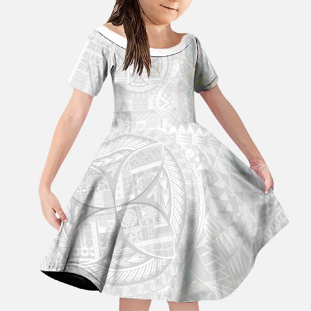 Samoan Culture-Lotu Tamaiti Family Matching Long Sleeve Bodycon Dress and Hawaiian Shirt Siapo and Polynesian Art Tattoos LT03 Daughter's Dress White - Polynesian Pride
