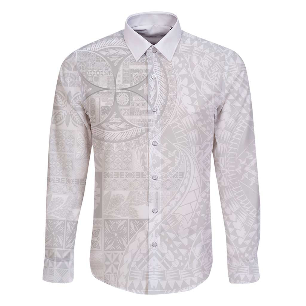 Samoan Culture-Lotu Tamaiti Family Matching Long Sleeve Bodycon Dress and Hawaiian Shirt Siapo and Polynesian Art Tattoos LT03 Dad's Shirt - Long Sleeve White - Polynesian Pride