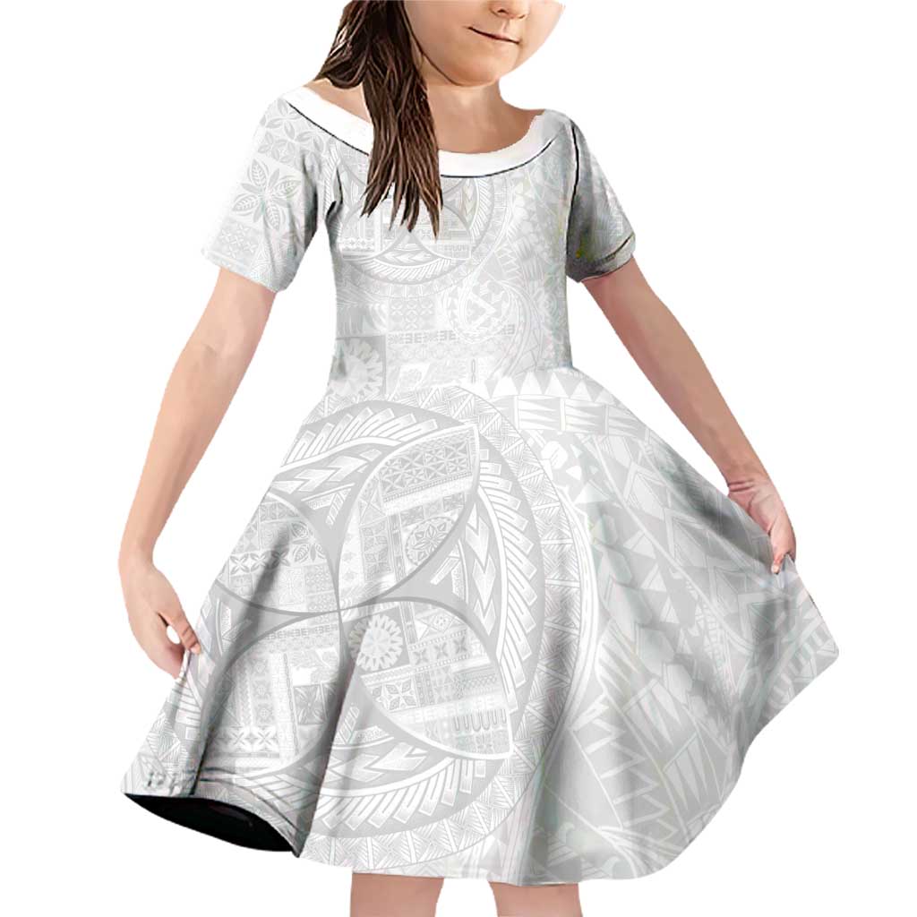 Samoan Culture-Lotu Tamaiti Family Matching Off Shoulder Short Dress and Hawaiian Shirt Siapo and Polynesian Art Tattoos LT03 Daughter's Dress White - Polynesian Pride
