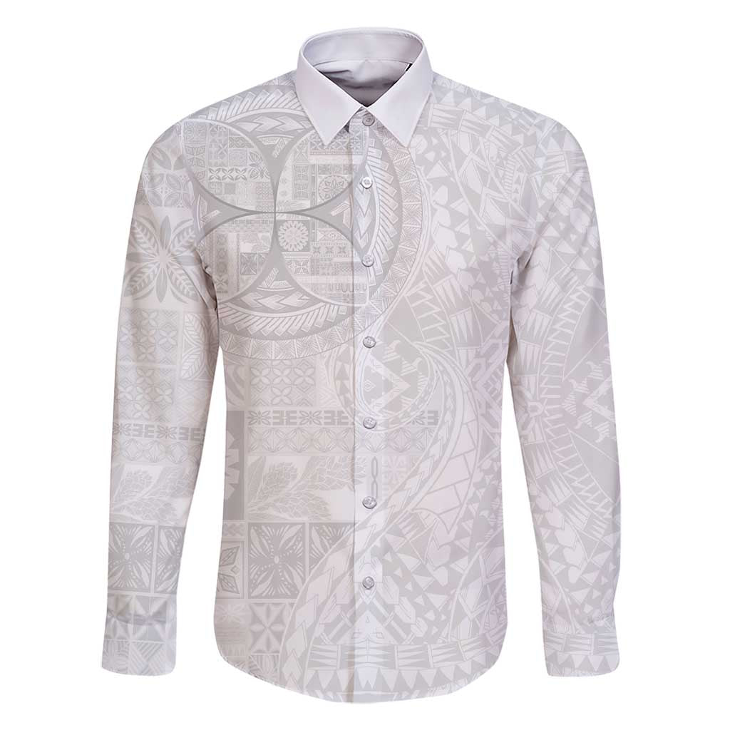 Samoan Culture-Lotu Tamaiti Family Matching Short Sleeve Bodycon Dress and Hawaiian Shirt Siapo and Polynesian Art Tattoos LT03 Dad's Shirt - Long Sleeve White - Polynesian Pride