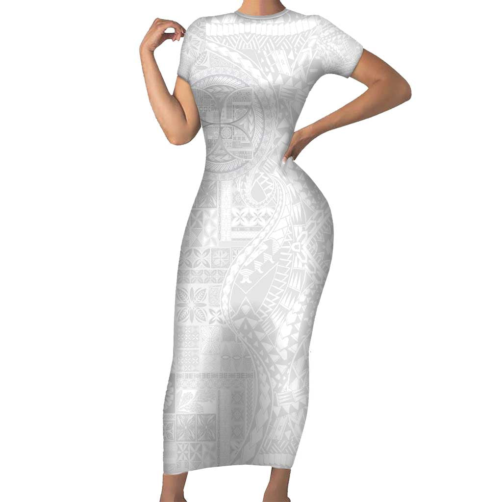 Samoan Culture-Lotu Tamaiti Family Matching Short Sleeve Bodycon Dress and Hawaiian Shirt Siapo and Polynesian Art Tattoos LT03 Mom's Dress White - Polynesian Pride