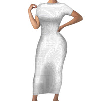Samoan Culture-Lotu Tamaiti Family Matching Short Sleeve Bodycon Dress and Hawaiian Shirt Siapo and Polynesian Art Tattoos LT03 Mom's Dress White - Polynesian Pride