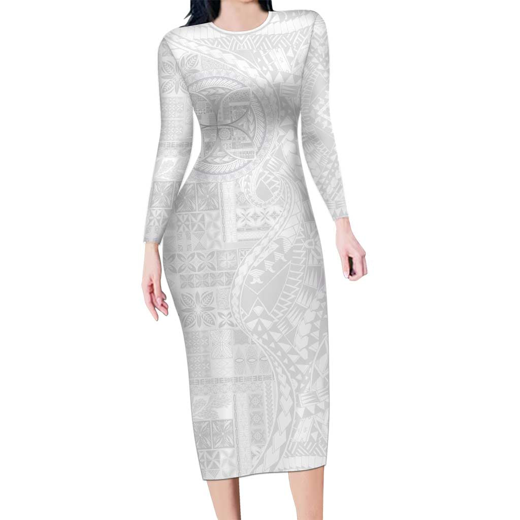 Samoan Culture-Lotu Tamaiti Long Sleeve Bodycon Dress Siapo and Polynesian Art Tattoos LT03 Long Dress White - Polynesian Pride