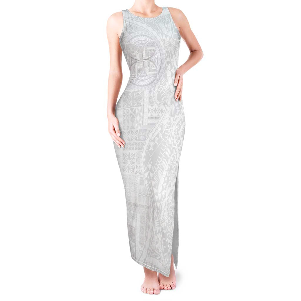 Samoan Culture-Lotu Tamaiti Tank Maxi Dress Siapo and Polynesian Art Tattoos LT03 Women White - Polynesian Pride