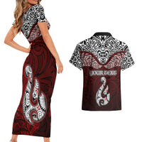 Custom Aotearoa New Zealand Couples Matching Short Sleeve Bodycon Dress and Hawaiian Shirt Silver Fern and Matau with Maori Tribal Red Style LT03 - Polynesian Pride