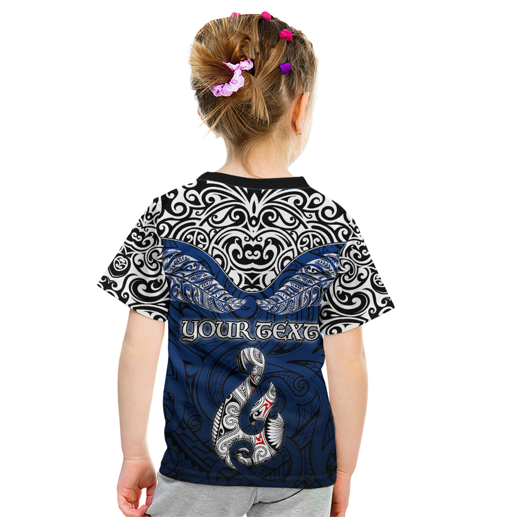 Custom Aotearoa New Zealand Kid T Shirt Silver Fern and Matau with Maori Tribal Blue Style LT03 - Polynesian Pride