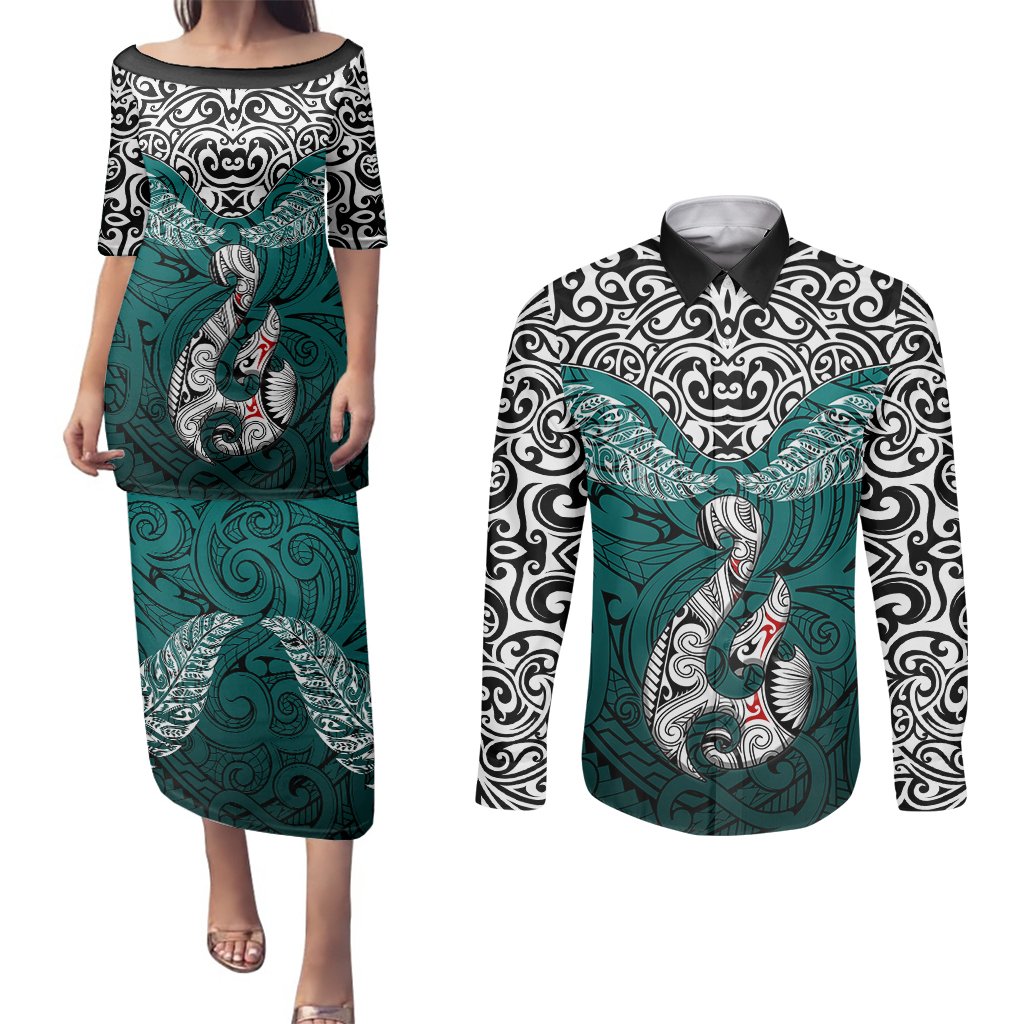 Custom Aotearoa New Zealand Couples Matching Puletasi Dress and Long Sleeve Button Shirts Silver Fern and Matau with Maori Tribal Turquoise Style LT03 Turquoise - Polynesian Pride