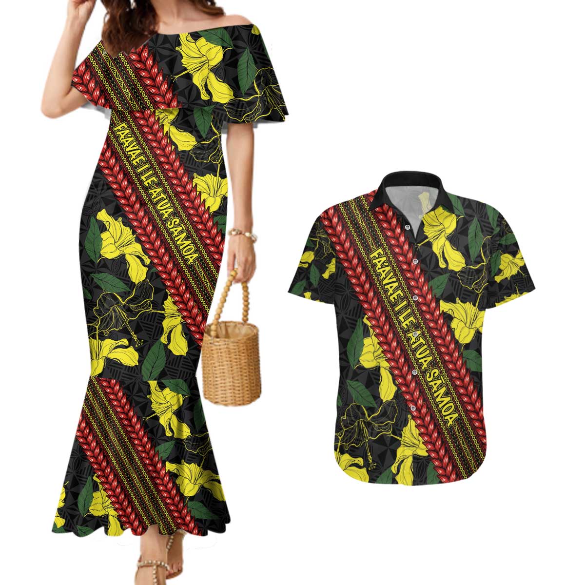 Samoan Culture Couples Matching Mermaid Dress and Hawaiian Shirt Hibiscus and Ula Fala with Tapa Pattern Black Color LT03 Black - Polynesian Pride