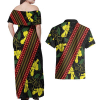 Samoan Culture Couples Matching Off Shoulder Maxi Dress and Hawaiian Shirt Hibiscus and Ula Fala with Tapa Pattern Black Color LT03 - Polynesian Pride