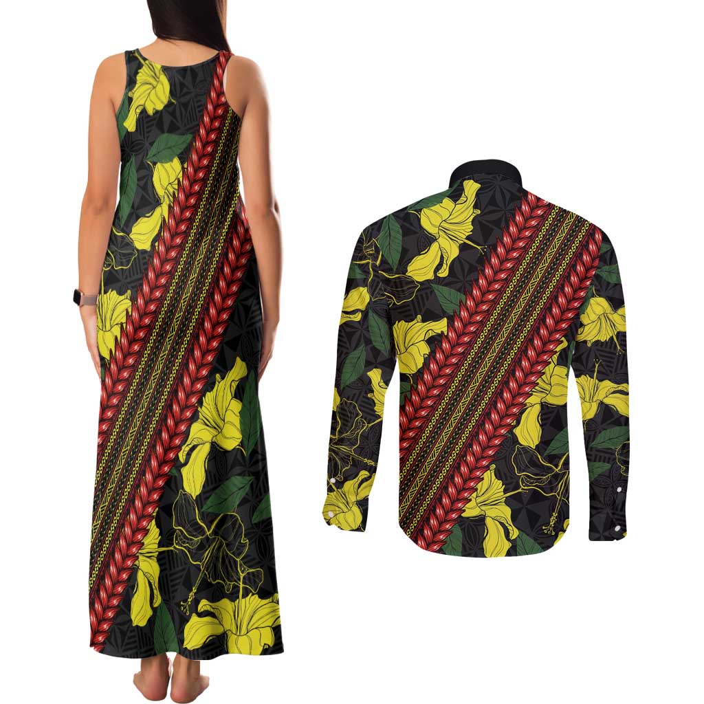 Samoan Culture Couples Matching Tank Maxi Dress and Long Sleeve Button Shirt Hibiscus and Ula Fala with Tapa Pattern Black Color