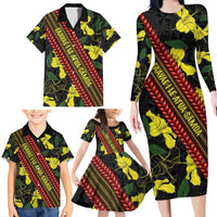 Samoan Culture Family Matching Long Sleeve Bodycon Dress and Hawaiian Shirt Hibiscus and Ula Fala with Tapa Pattern Black Color LT03 - Polynesian Pride