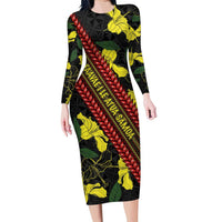 Samoan Culture Family Matching Long Sleeve Bodycon Dress and Hawaiian Shirt Hibiscus and Ula Fala with Tapa Pattern Black Color LT03 Mom's Dress Black - Polynesian Pride
