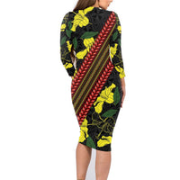 Samoan Culture Family Matching Long Sleeve Bodycon Dress and Hawaiian Shirt Hibiscus and Ula Fala with Tapa Pattern Black Color LT03 - Polynesian Pride