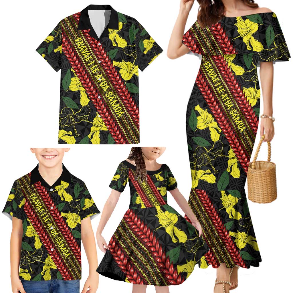 Samoan Culture Family Matching Mermaid Dress and Hawaiian Shirt Hibiscus and Ula Fala with Tapa Pattern Black Color LT03 - Polynesian Pride