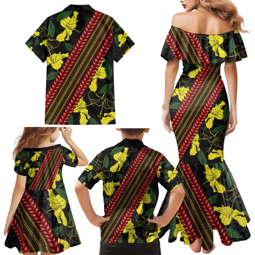 Samoan Culture Family Matching Mermaid Dress and Hawaiian Shirt Hibiscus and Ula Fala with Tapa Pattern Black Color LT03 - Polynesian Pride