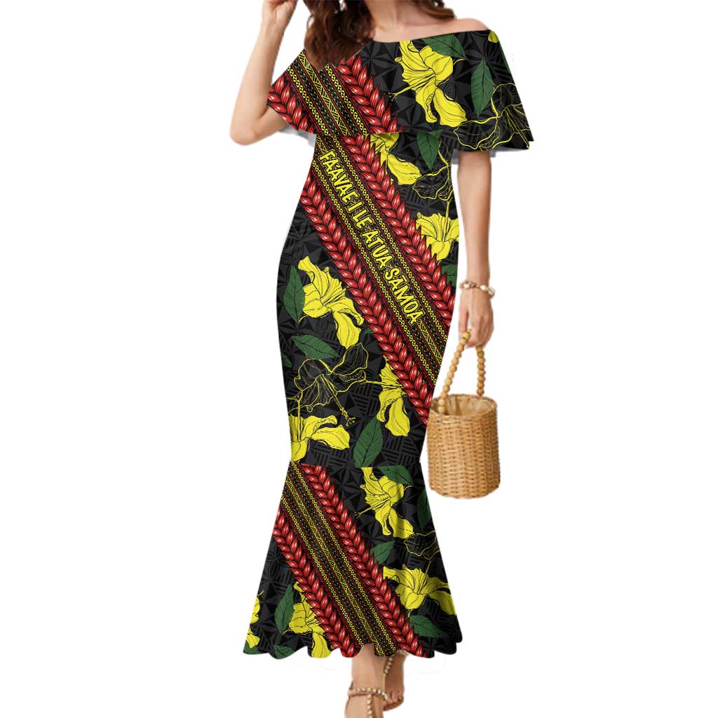 Samoan Culture Family Matching Mermaid Dress and Hawaiian Shirt Hibiscus and Ula Fala with Tapa Pattern Black Color LT03 Mom's Dress Black - Polynesian Pride