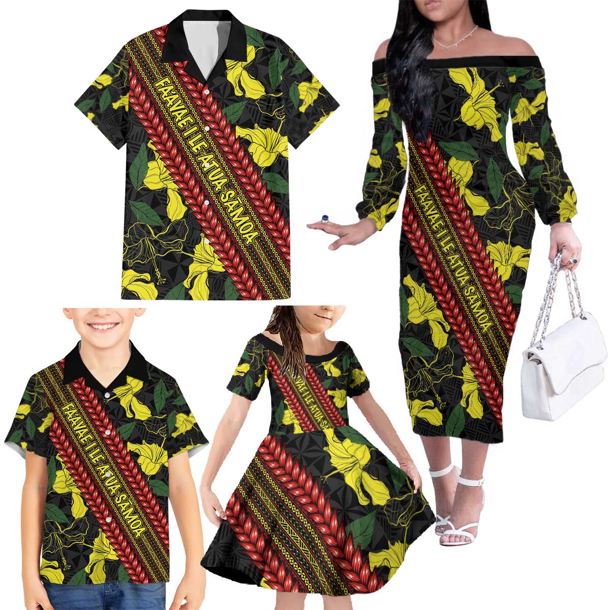 Samoan Culture Family Matching Off The Shoulder Long Sleeve Dress and Hawaiian Shirt Hibiscus and Ula Fala with Tapa Pattern Black Color LT03 - Polynesian Pride