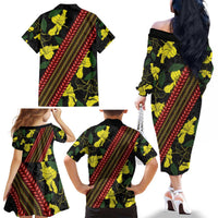 Samoan Culture Family Matching Off The Shoulder Long Sleeve Dress and Hawaiian Shirt Hibiscus and Ula Fala with Tapa Pattern Black Color LT03 - Polynesian Pride