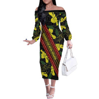 Samoan Culture Family Matching Off The Shoulder Long Sleeve Dress and Hawaiian Shirt Hibiscus and Ula Fala with Tapa Pattern Black Color LT03 Mom's Dress Black - Polynesian Pride