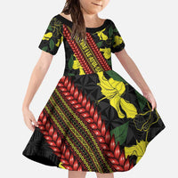 Samoan Culture Family Matching Off Shoulder Maxi Dress and Hawaiian Shirt Hibiscus and Ula Fala with Tapa Pattern Black Color LT03 Daughter's Dress Black - Polynesian Pride