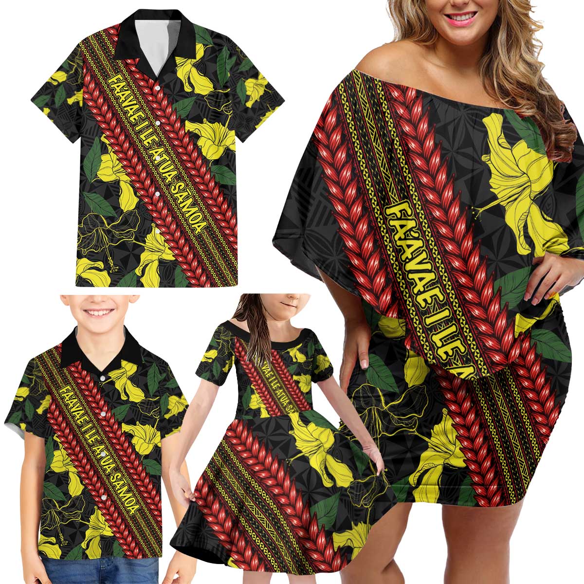 Samoan Culture Family Matching Off Shoulder Short Dress and Hawaiian Shirt Hibiscus and Ula Fala with Tapa Pattern Black Color LT03 - Polynesian Pride