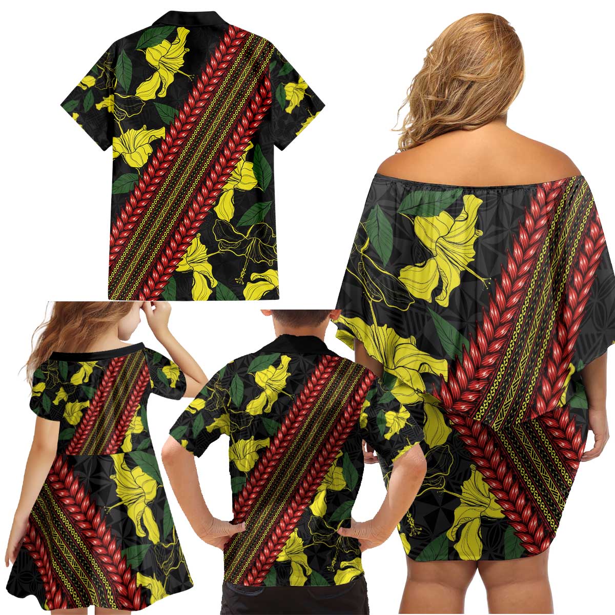 Samoan Culture Family Matching Off Shoulder Short Dress and Hawaiian Shirt Hibiscus and Ula Fala with Tapa Pattern Black Color LT03 - Polynesian Pride