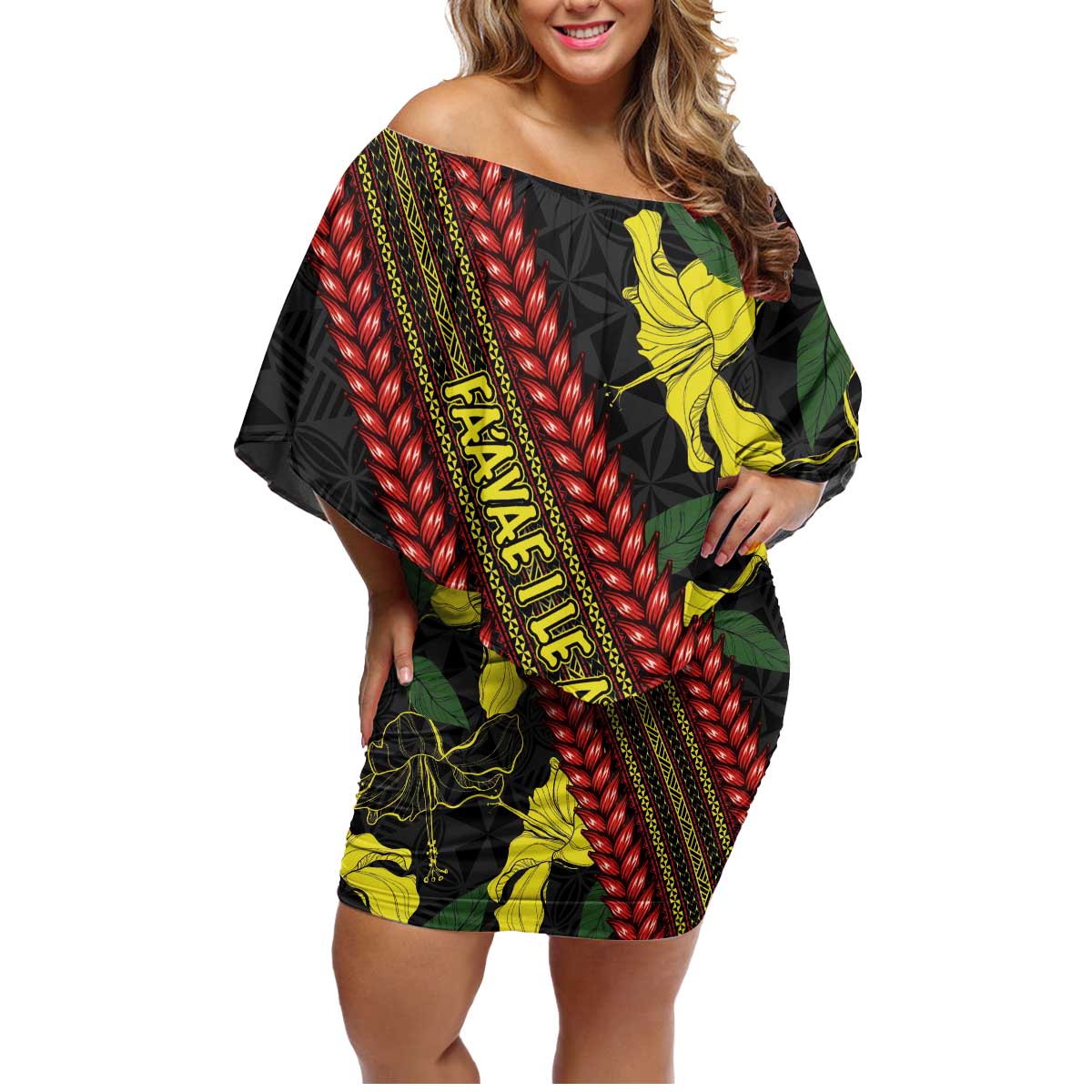 Samoan Culture Family Matching Off Shoulder Short Dress and Hawaiian Shirt Hibiscus and Ula Fala with Tapa Pattern Black Color LT03 Mom's Dress Black - Polynesian Pride