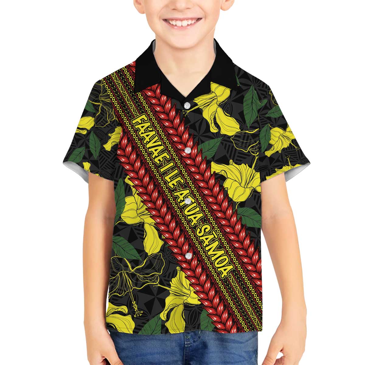 Samoan Culture Family Matching Off Shoulder Short Dress and Hawaiian Shirt Hibiscus and Ula Fala with Tapa Pattern Black Color LT03 Son's Shirt Black - Polynesian Pride