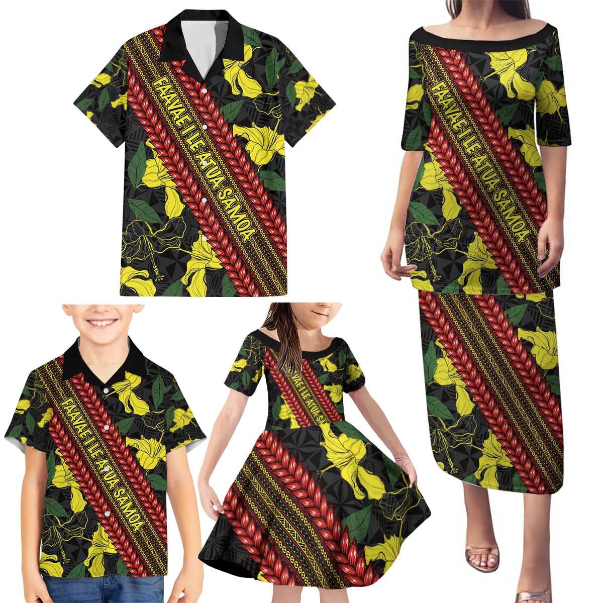 Samoan Culture Family Matching Puletasi and Hawaiian Shirt Hibiscus and Ula Fala with Tapa Pattern Black Color LT03 - Polynesian Pride