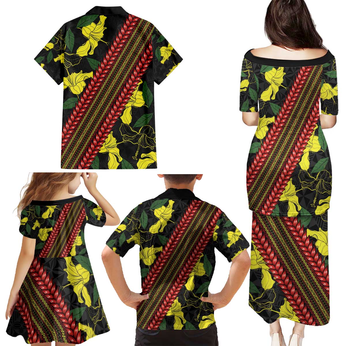 Samoan Culture Family Matching Puletasi and Hawaiian Shirt Hibiscus and Ula Fala with Tapa Pattern Black Color LT03 - Polynesian Pride