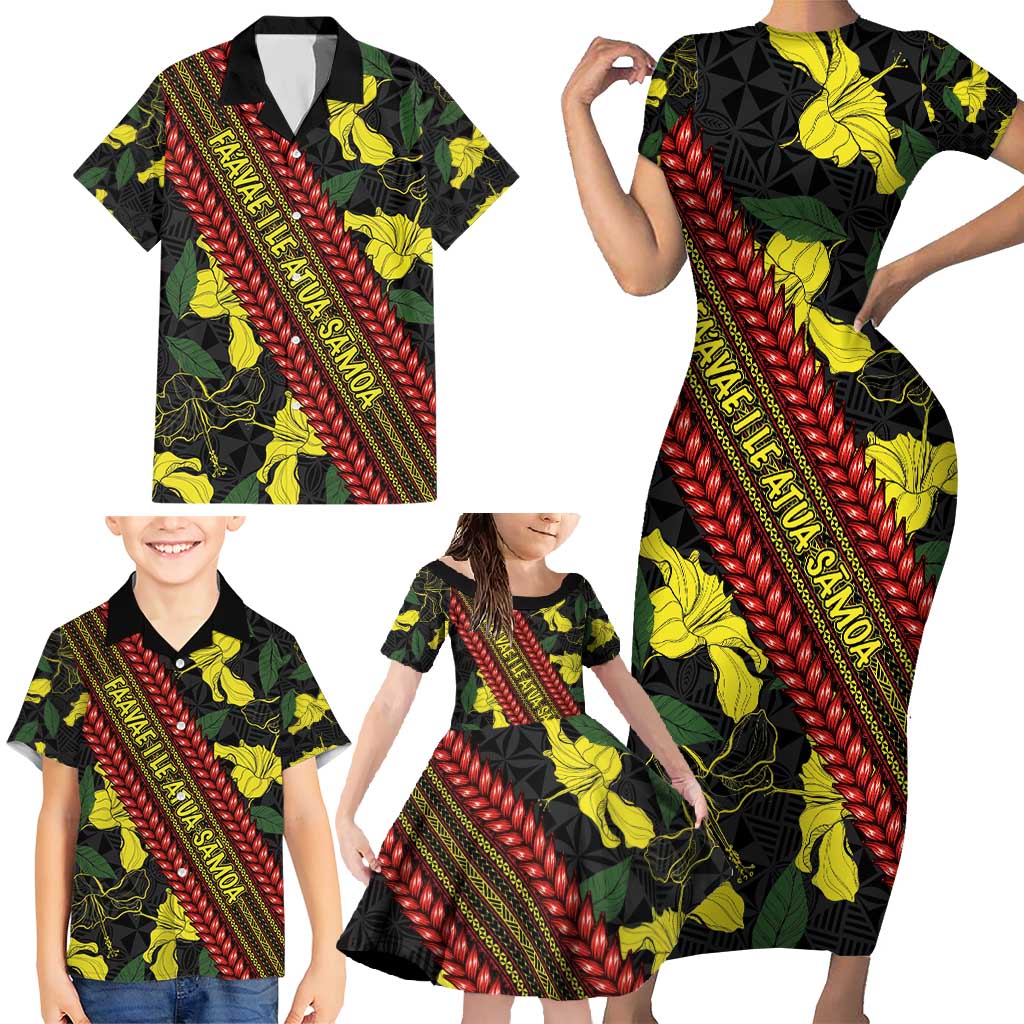 Samoan Culture Family Matching Short Sleeve Bodycon Dress and Hawaiian Shirt Hibiscus and Ula Fala with Tapa Pattern Black Color LT03 - Polynesian Pride