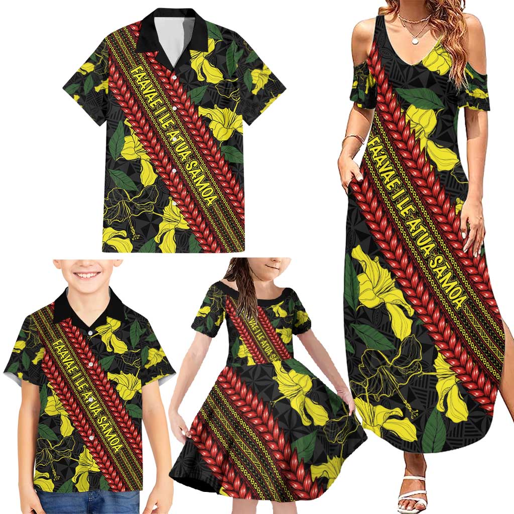 Samoan Culture Family Matching Summer Maxi Dress and Hawaiian Shirt Hibiscus and Ula Fala with Tapa Pattern Black Color LT03 - Polynesian Pride