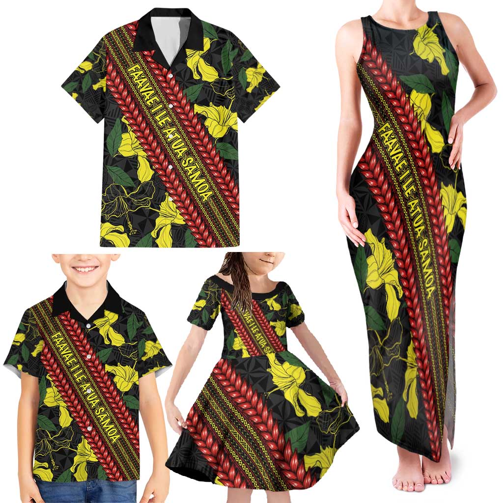 Samoan Culture Family Matching Tank Maxi Dress and Hawaiian Shirt Hibiscus and Ula Fala with Tapa Pattern Black Color LT03 - Polynesian Pride